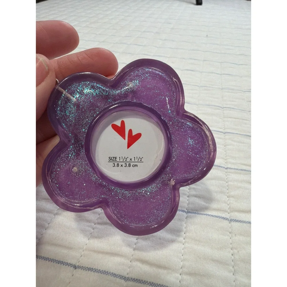 Purple Glitter Flower Photo Frame Keychain Daisy Bag Charm 1.5x1.5 Picture Frame